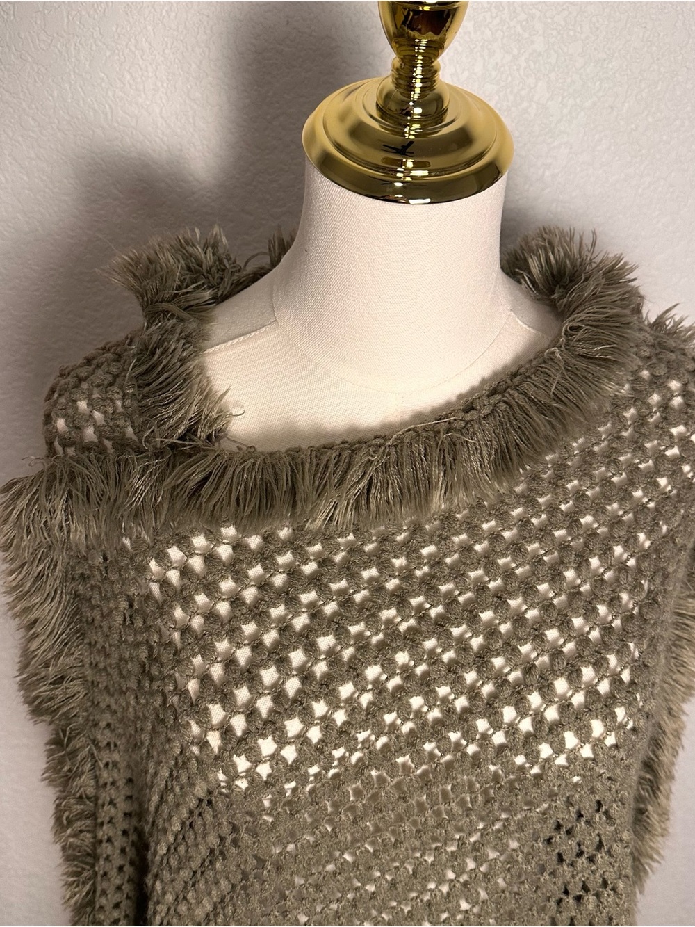 Cozy Taupe Fringe Knit Poncho Sweater - Picture 4 of 6